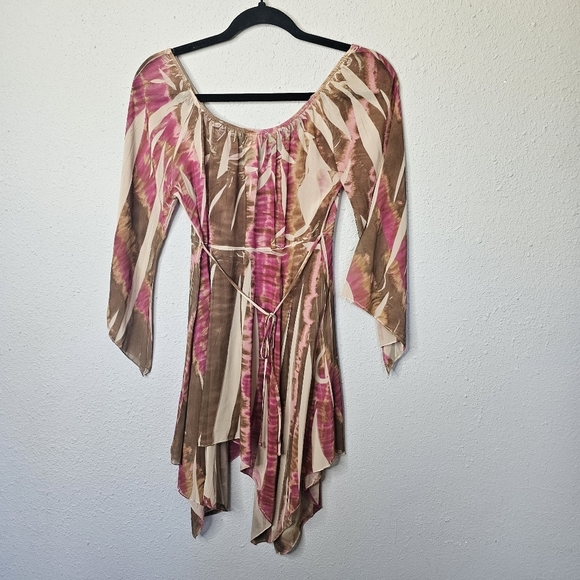 Vtg Rave Top Womens Medium Flowy‎ Asymmetrical Fairy Y2K Babydoll Shirt Pink Tan - Picture 8 of 11